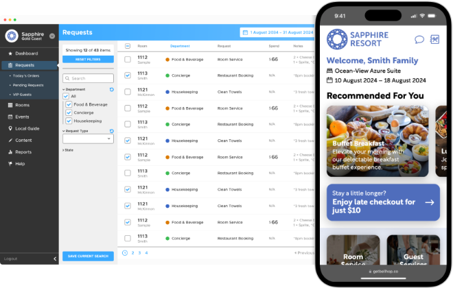 A smartphone displaying the Bellhop guest compendium system’s home screen standing in front of a laptop displaying the Bellhop administration system interface.